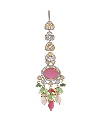 Regal pink carved stone & kundan bridal necklace set 4