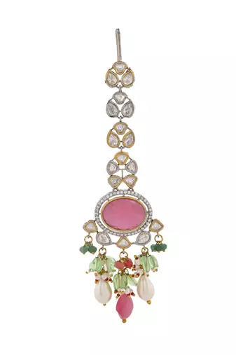 Regal pink carved stone & kundan bridal necklace set