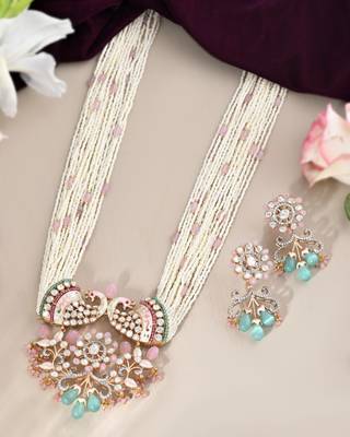 Elegant multi-strand pearl & moissanite peacock necklace with aqua drops 1