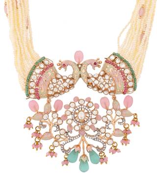 Elegant multi-strand pearl & moissanite peacock necklace with aqua drops 2