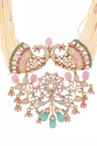 Elegant multi-strand pearl & moissanite peacock necklace with aqua drops