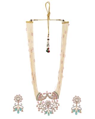 Elegant multi-strand pearl & moissanite peacock necklace with aqua drops 3