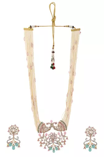 Elegant multi-strand pearl & moissanite peacock necklace with aqua drops