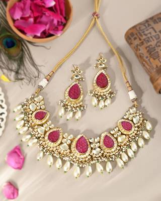 Royal ahmedabadi kundan & ruby pearl necklace set 1