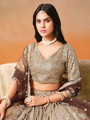 brown zari sequin georgette designer lehenga set 3