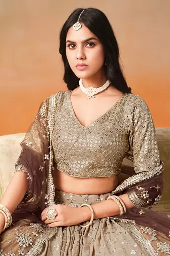 brown zari sequin georgette designer lehenga set