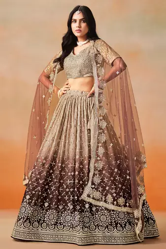 brown zari sequin georgette designer lehenga set