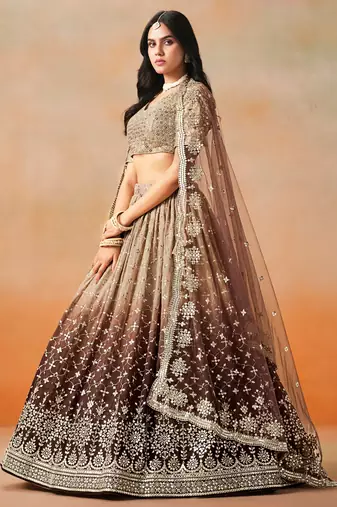 brown zari sequin georgette designer lehenga set