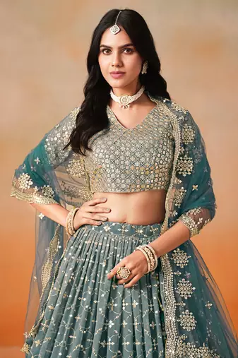 mesmerizing Dove blue zari and sequins embroidered georgette indian wedding lehenga dress