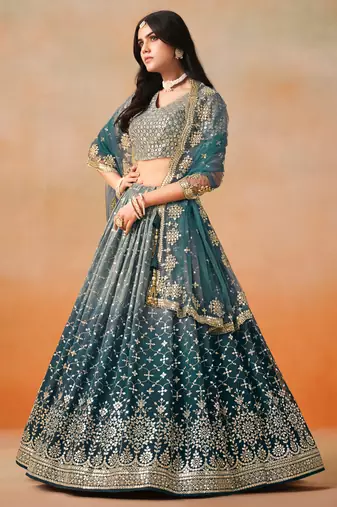 mesmerizing Dove blue zari and sequins embroidered georgette indian wedding lehenga dress