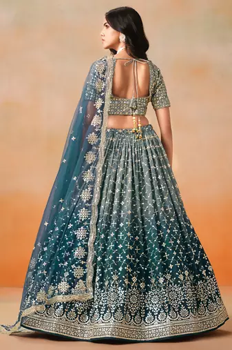 mesmerizing Dove blue zari and sequins embroidered georgette indian wedding lehenga dress