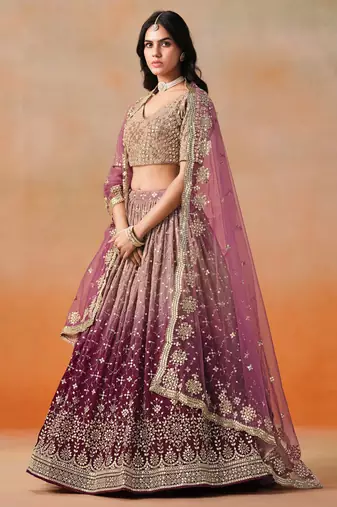 maroon zari embroidered georgette bridal lehenga