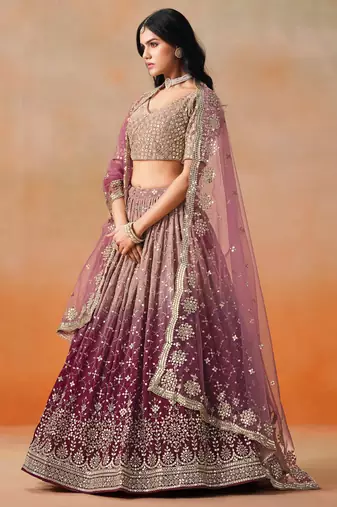 maroon zari embroidered georgette bridal lehenga