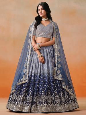 Bewitching navy blue and grey sequins zari emrbroidered georgette indian wedding designer lehenga dress 1