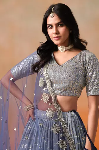 Bewitching navy blue and grey sequins zari emrbroidered georgette indian wedding designer lehenga dress