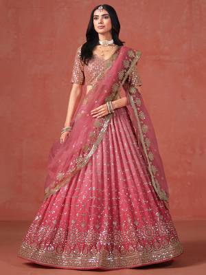 fantastic peach and light-pink zari sequins embroidered georgette indian wedding lehenga dress 1