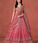 fantastic peach and light-pink zari sequins embroidered georgette indian wedding lehenga dress