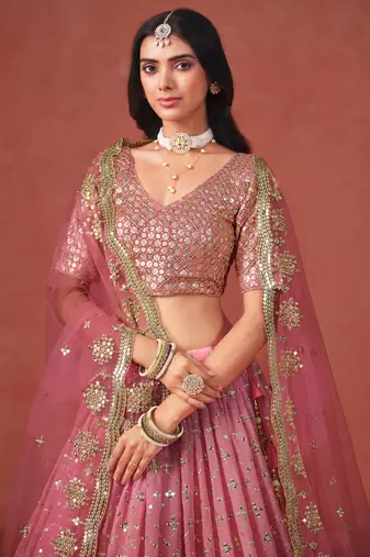 fantastic peach and light-pink zari sequins embroidered georgette indian wedding lehenga dress