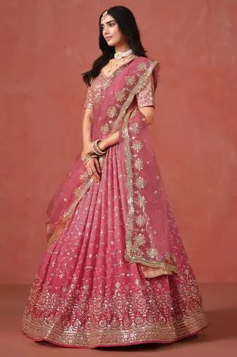 fantastic peach and light-pink zari sequins embroidered georgette indian wedding lehenga dress