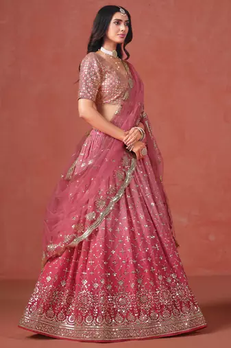 fantastic peach and light-pink zari sequins embroidered georgette indian wedding lehenga dress