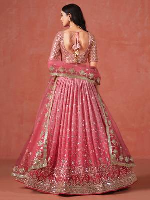 fantastic peach and light-pink zari sequins embroidered georgette indian wedding lehenga dress 6
