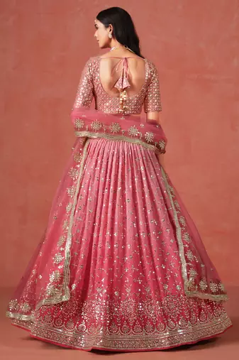 fantastic peach and light-pink zari sequins embroidered georgette indian wedding lehenga dress