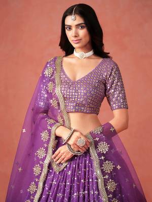 Glamourous purple sequin zari embroidered georgette indian wedding lehenga dress 3