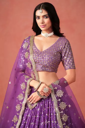 Glamourous purple sequin zari embroidered georgette indian wedding lehenga dress