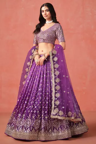 Glamourous purple sequin zari embroidered georgette indian wedding lehenga dress