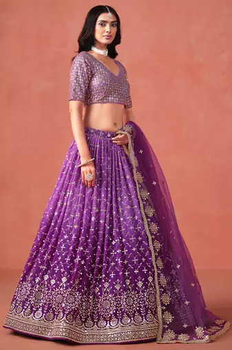 Glamourous purple sequin zari embroidered georgette indian wedding lehenga dress