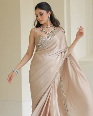 Chiku Satin Embroidered Mirror Work Saree 3