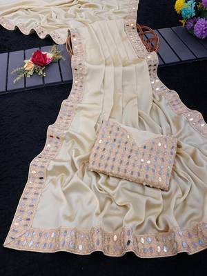 Chiku Satin Embroidered Mirror Work Saree 4