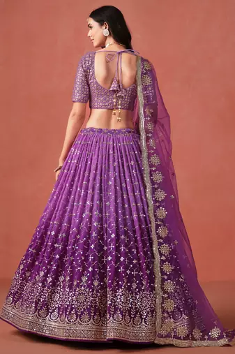 Glamourous purple sequin zari embroidered georgette indian wedding lehenga dress