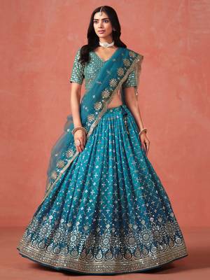 Glamorous rama blue zari sequins embroidered georgette indian wedding lehenga dress 1