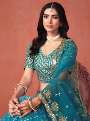 Glamorous rama blue zari sequins embroidered georgette indian wedding lehenga dress 3
