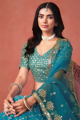Glamorous rama blue zari sequins embroidered georgette indian wedding lehenga dress