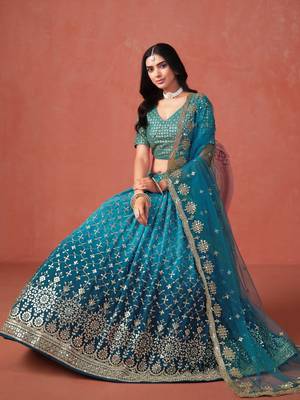 Glamorous rama blue zari sequins embroidered georgette indian wedding lehenga dress 5