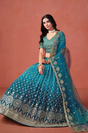 Glamorous rama blue zari sequins embroidered georgette indian wedding lehenga dress