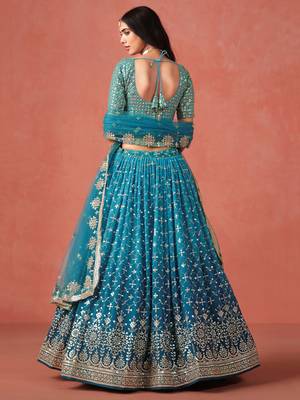 Glamorous rama blue zari sequins embroidered georgette indian wedding lehenga dress 6