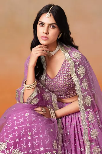 Graceful rani pink zari sequins embroidered georgette indian wedding designer lehenga dress