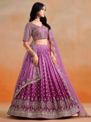 Graceful rani pink zari sequins embroidered georgette indian wedding designer lehenga dress 4