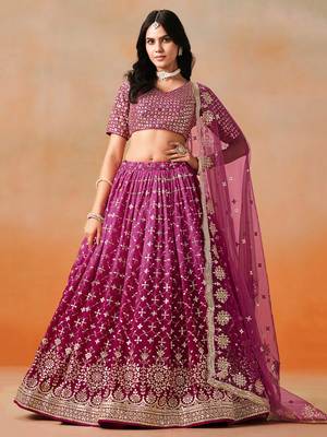 Charming red pink zari embroidery with sequins work georgette lehenga 1