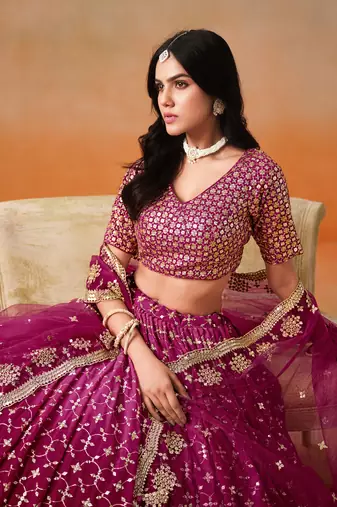 Charming red pink zari embroidery with sequins work georgette lehenga