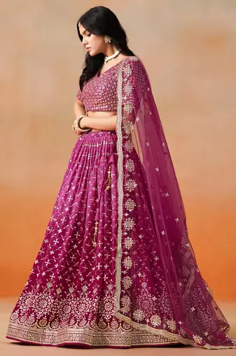 Charming red pink zari embroidery with sequins work georgette lehenga