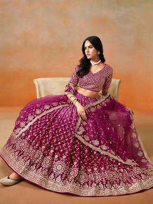 Charming red pink zari embroidery with sequins work georgette lehenga 6