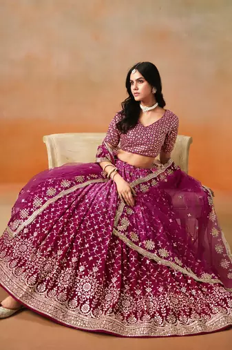 Charming red pink zari embroidery with sequins work georgette lehenga