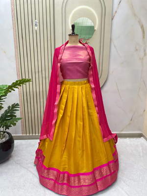 Pink & Mustard South Style Kanchipuram Silk Semi stitched Lehenga set with choli and dupatta 2