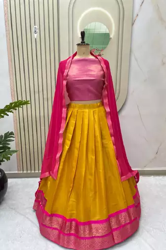 Pink & Mustard South Style Kanchipuram Silk Semi stitched Lehenga set with choli and dupatta