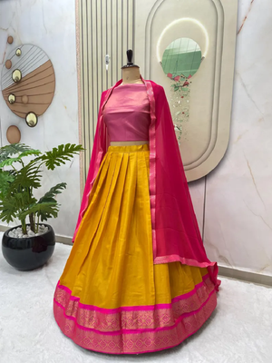 Pink & Mustard South Style Kanchipuram Silk Semi stitched Lehenga set with choli and dupatta 3