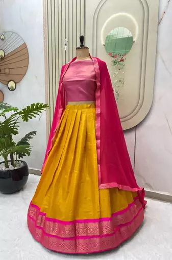 Pink & Mustard South Style Kanchipuram Silk Semi stitched Lehenga set with choli and dupatta